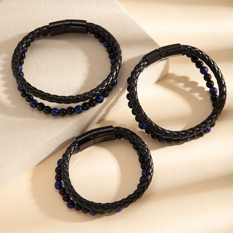 Wholesale Handwoven Cowhide Leather Bracelet Natural Stone Beads Unisex Distressed Tibetan Style Everyday Fashion Accessory