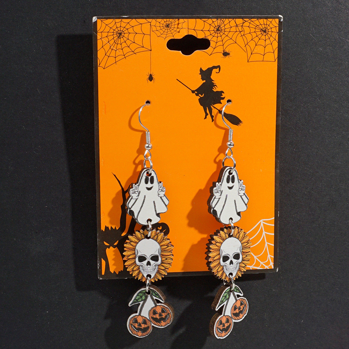 Wholesale Halloween Theme Wooden Earrings  Cartoon Ghost Pumpkin Skull Long Pendant Party  Earrings
