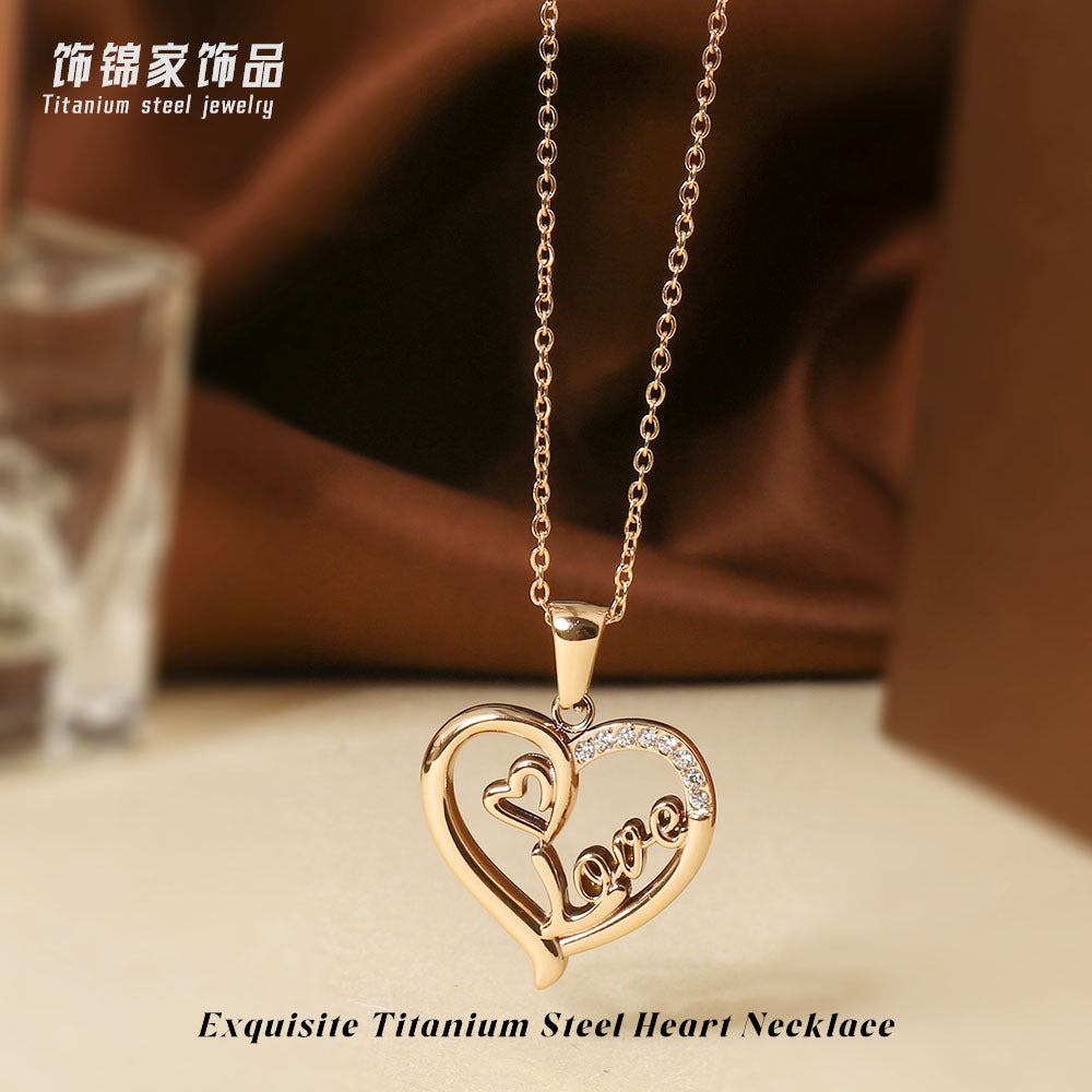 Wholesale Mother' s Day Titanium Steel Heart-Shaped Pendant Necklace with Zircon Inlay
