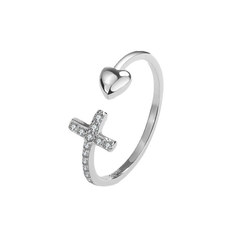 Wholesale sterling silver jewelry cross love ring open adjustable silver ring