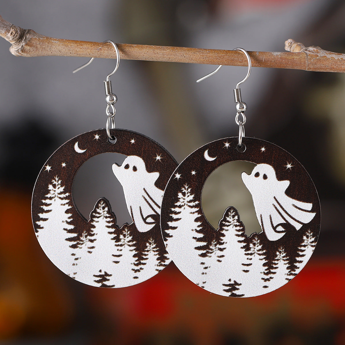 Wholesale Halloween Western Style Pine Ghost Round Wood Gothic Style Earrings ACC-ES-ChuLian044