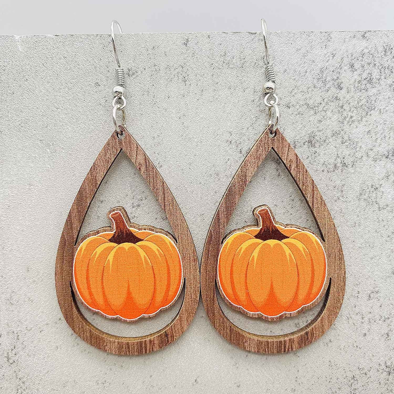 Wholesale  Thanksgiving Wooden Earrings Pumpkin Turkey Maple Leaf Print Drop Earrings