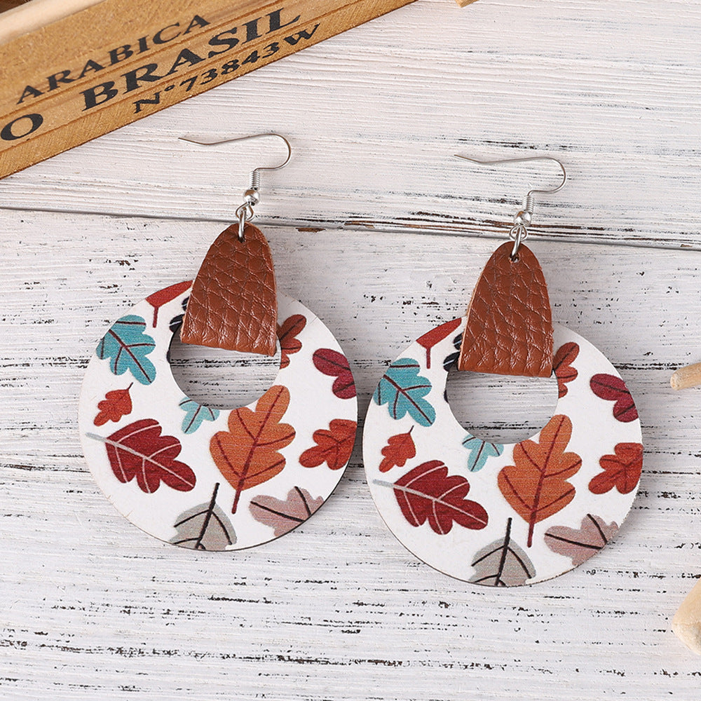 Wholesale Thanksgiving leaf round hollow wooden double-sided pendant earrings