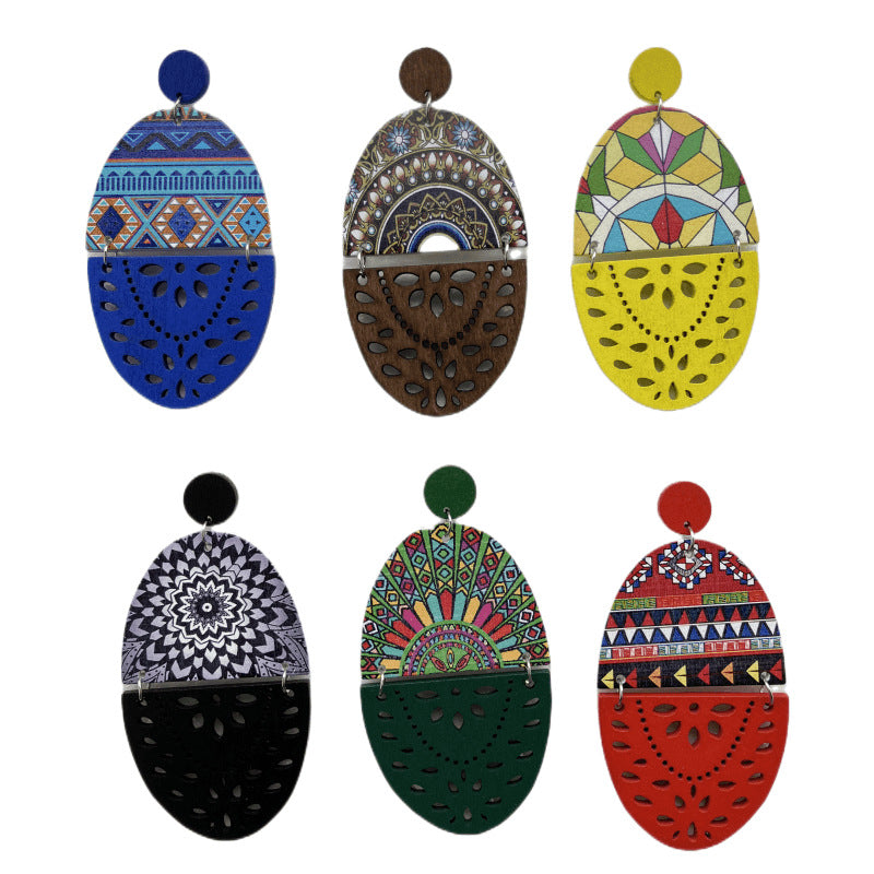 Wholesale Boho Style Cutout Printed Oval Wooden Earrings ACC-ES-FX005