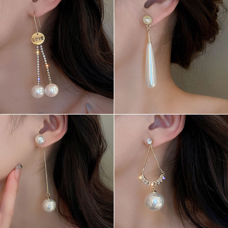 Wholesale silver needle pearl diamond geometric long earrings