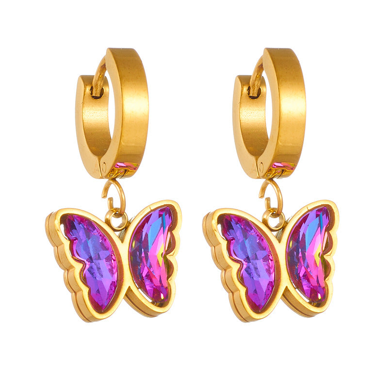 Wholesale Colorful Purple Rhinestone Butterfly Gold Plated Titanium Steel Earrings ACC-ES-QianYue007