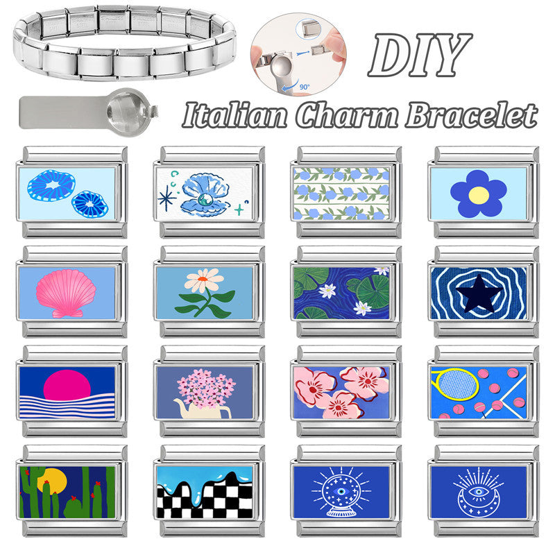 Wholesale 9mm Italian Charm Starter Bracelets Blue series DIY square Single Section Creative Stainless Steel Composable Bracelet