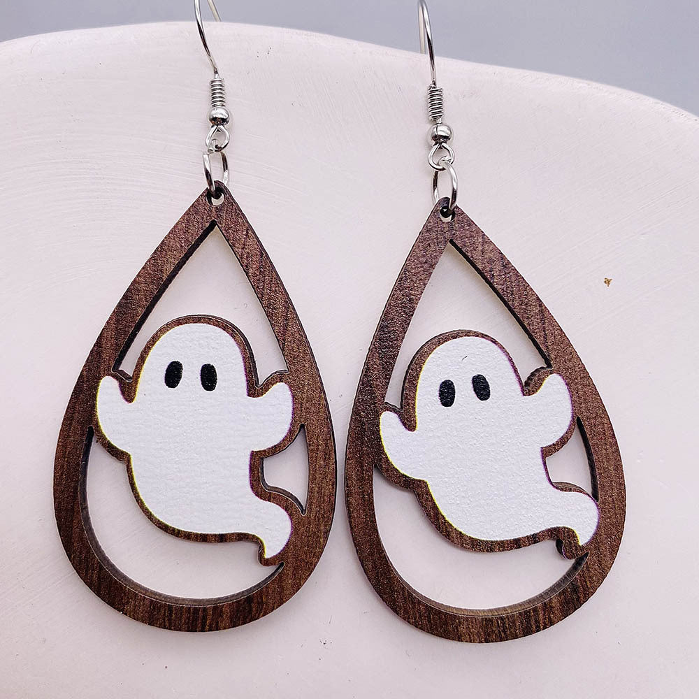 Wholesale Ghost Wooden Earrings Pumpkin Spider Skull Bat Water Drop Wooden Earrings