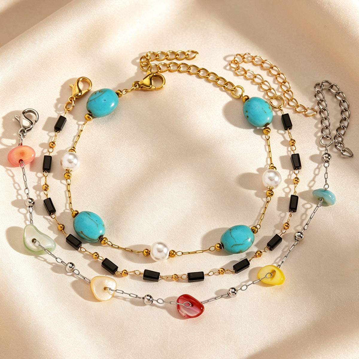 Wholesale Retro Turquoise Stone Beaded Bracelet Handmade 304 Stainless Steel Gold Tone Layered Stacking Jewelry For Women Fashion Accessory Gift