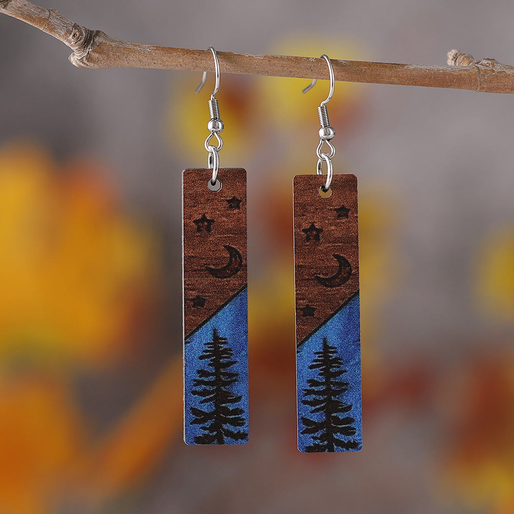Wholesale  Western Pine Star Moon Rectangular Geometric Pendant Earrings