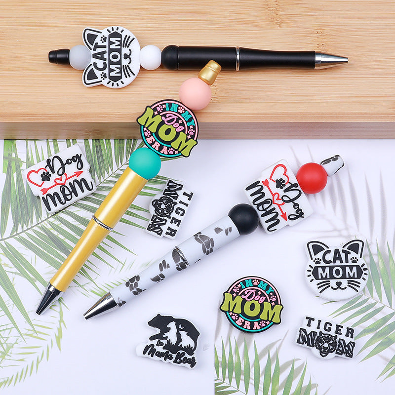 Wholesale 20pcs Cat MOM Silicone Focal Beads DIY Beaded Pen Accessories Mother's Day ACC-BDS-HeXing024