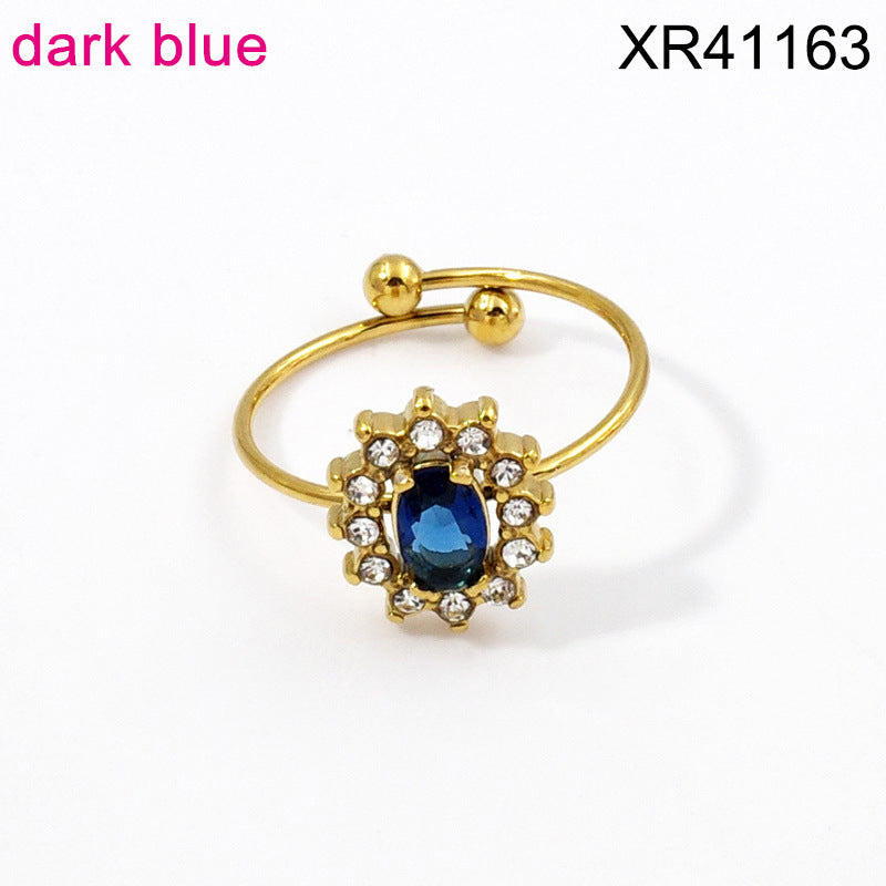 Wholesale Adjustable Flower Design Stainless Steel Open Ring with Colored Gemstones Fashion Jewelry Accessory