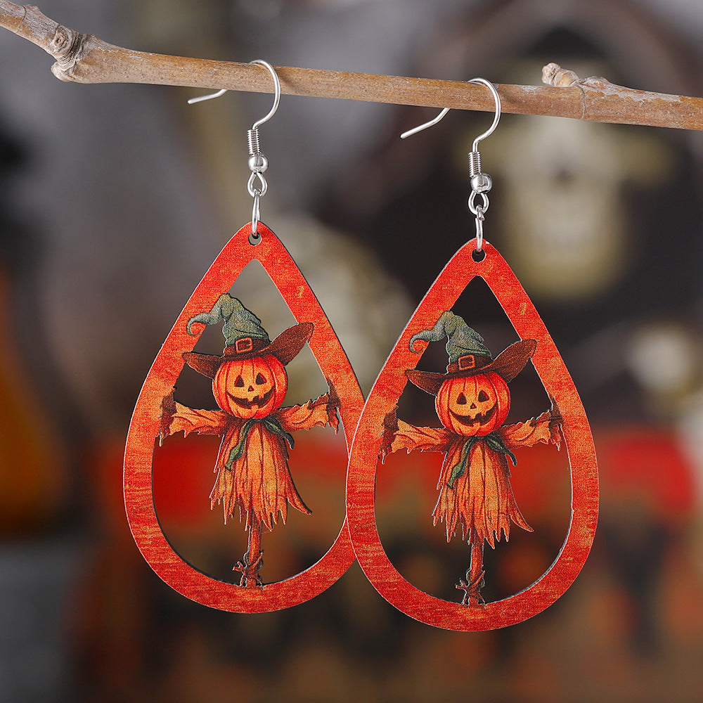Wholesale Thanksgiving Day Halloween Pumpkin Scarecrow Teardrop Shape Wood Earrings ACC-ES-ChuLian029