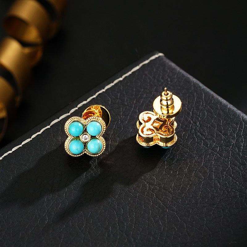 Wholesale S925 silver needle high sense turquoise four-leaf flower earrings