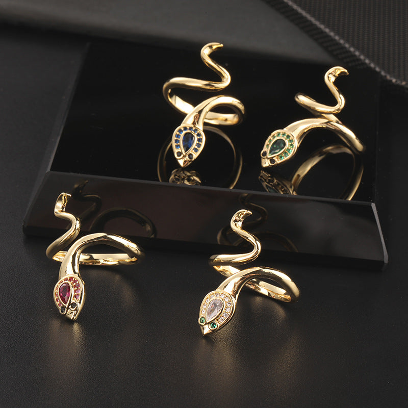 Wholesale Vintage Snake Design Copper Zircon Open Ring Trendy Women S Jewelry Accessory Gift