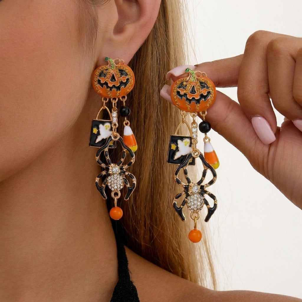 Wholesale  Ghost Pumpkin Earrings with Rhinestone Tassel,  Asymmetric Alloy Ear Studs for Women,  Fashion Accessory for Resale