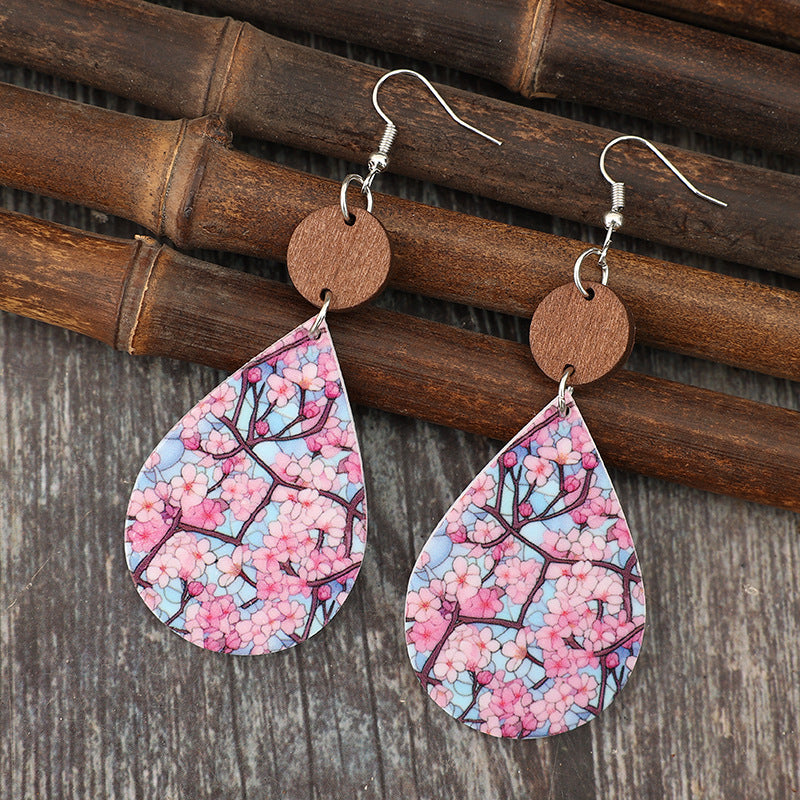 Wholesale Bohemian Drop-Shaped Printed Cherry Blossom Fresh Earrings