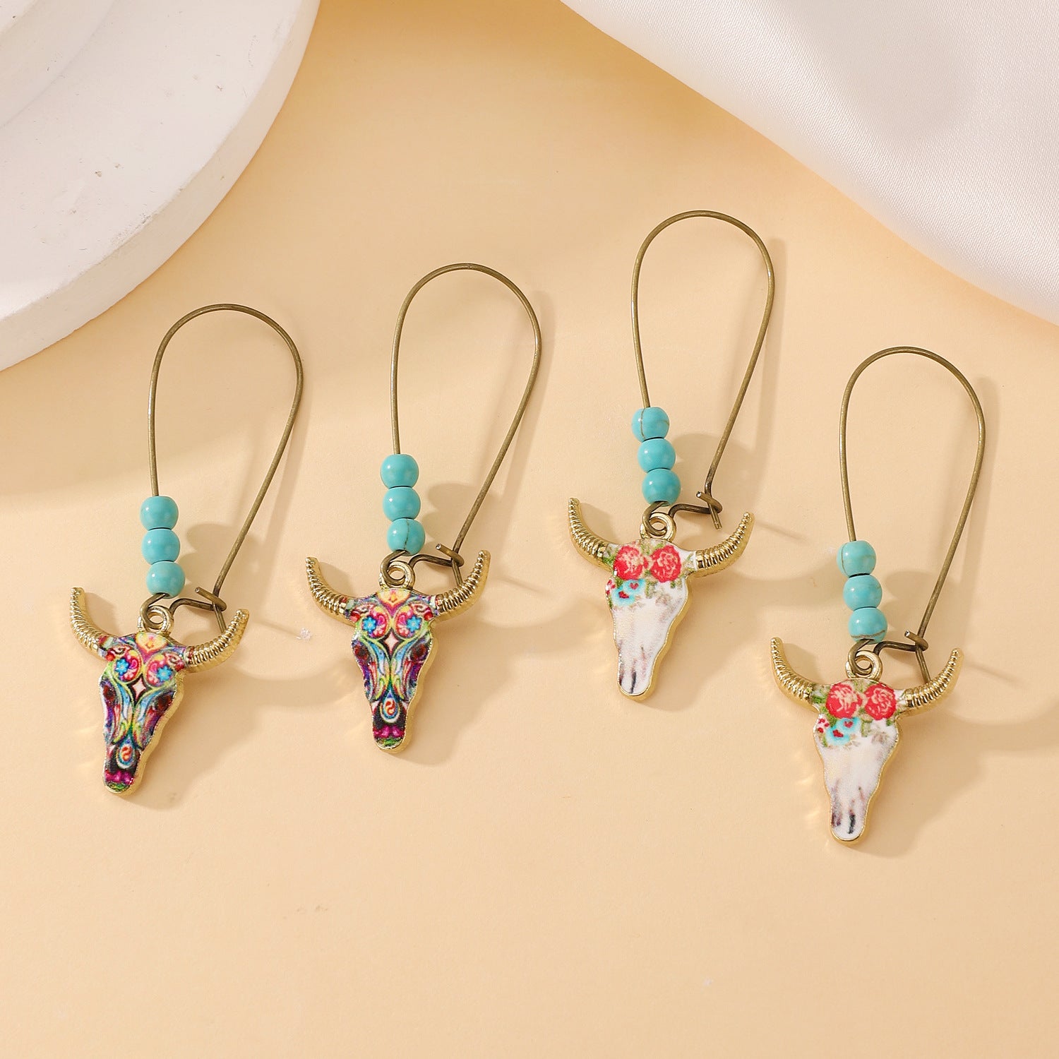 Wholesale Ethnic Style Bull Head Retro Western Cowboy Style Turquoise Earrings ACC-ES-ChengJing003