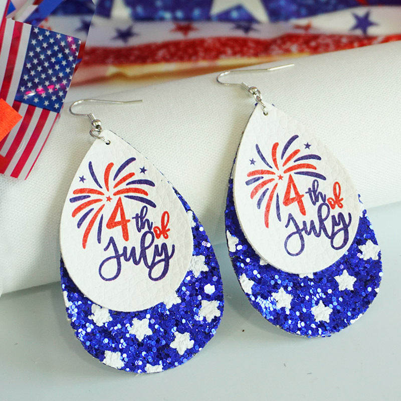 Wholesale 2 Pairs/pack American Independence Day Shiny Teardrop Shaped Leather Earrings ACC-ES-HY057