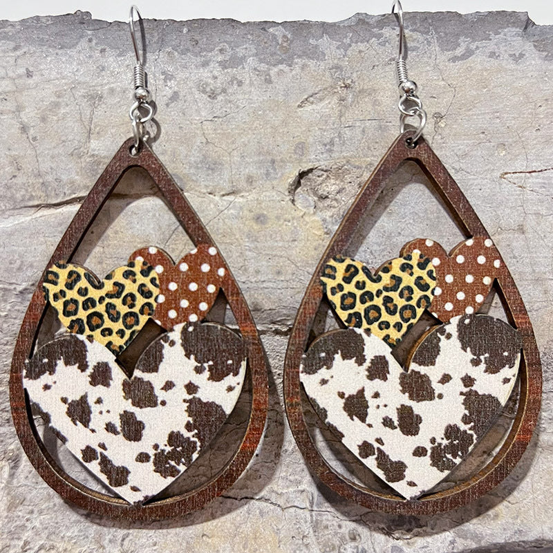 Wholesale 2 Pairs/pack Valentine's Day Hollow Heart Leopard Print Wooden Earrings ACC-ES-HeYi001