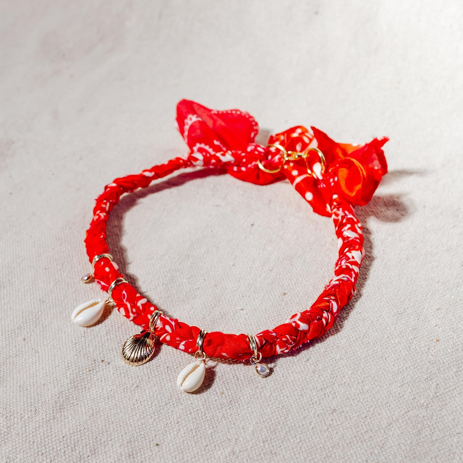 Wholesale Summer Titanium Steel Red Ribbon Fabric Shell  Necklace