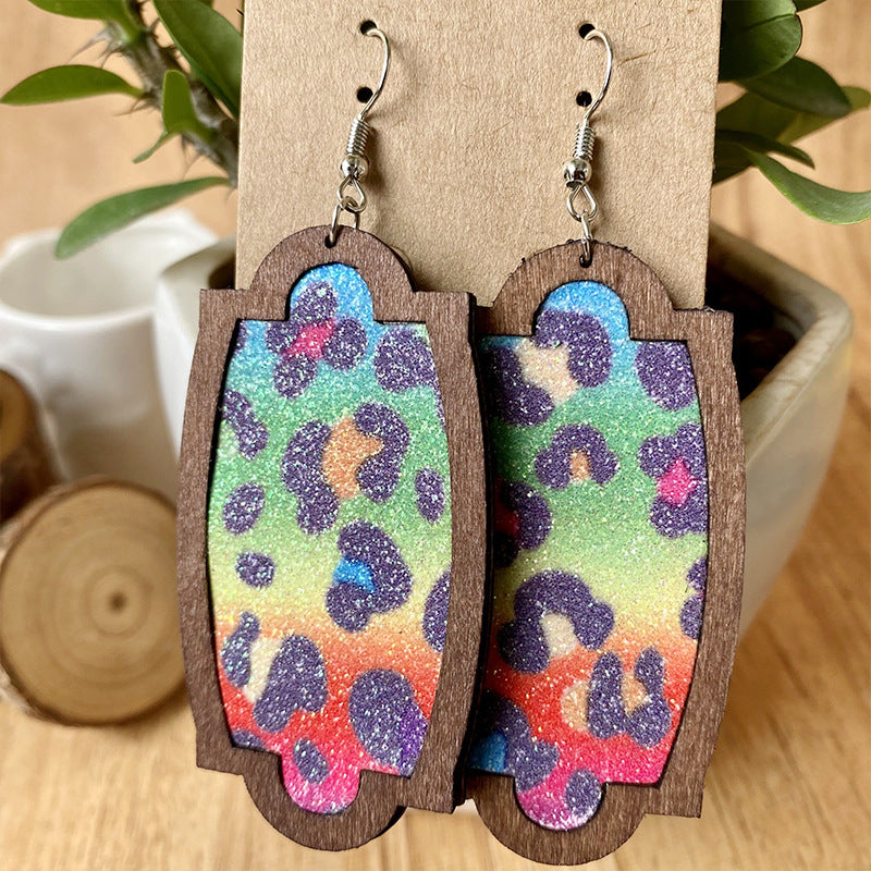 Wholesale 3 pairs/  pack Leather-look rainbow leopard print teardrop-shaped wooden earrings
