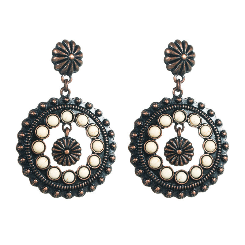 Wholesale Retro Ethnic Style White Turquoise Hollow Round Earrings Alloy Party Style Boutique Resale Jewelry Accessory