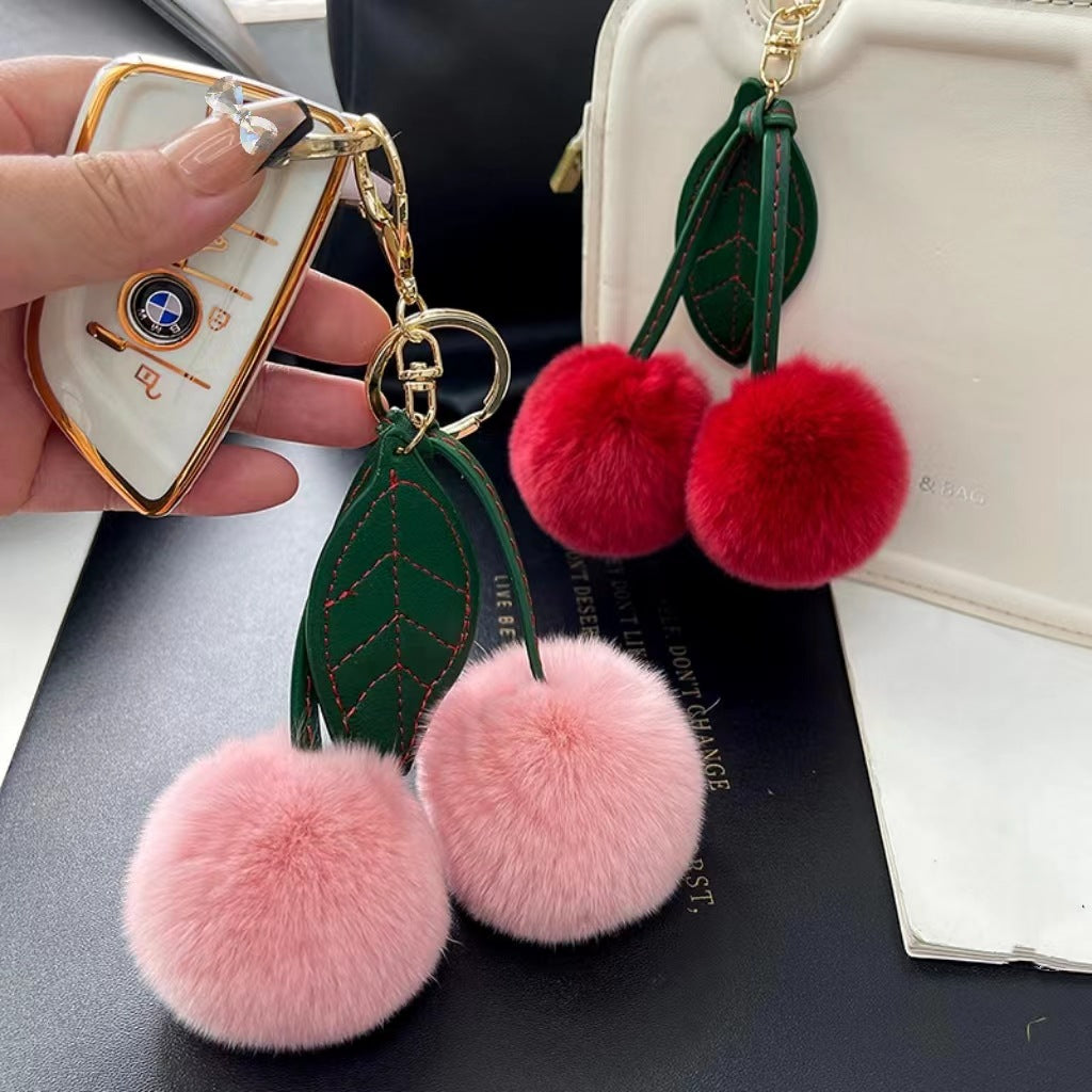 Wholesale genuine rex rabbit fur cherry car keychain