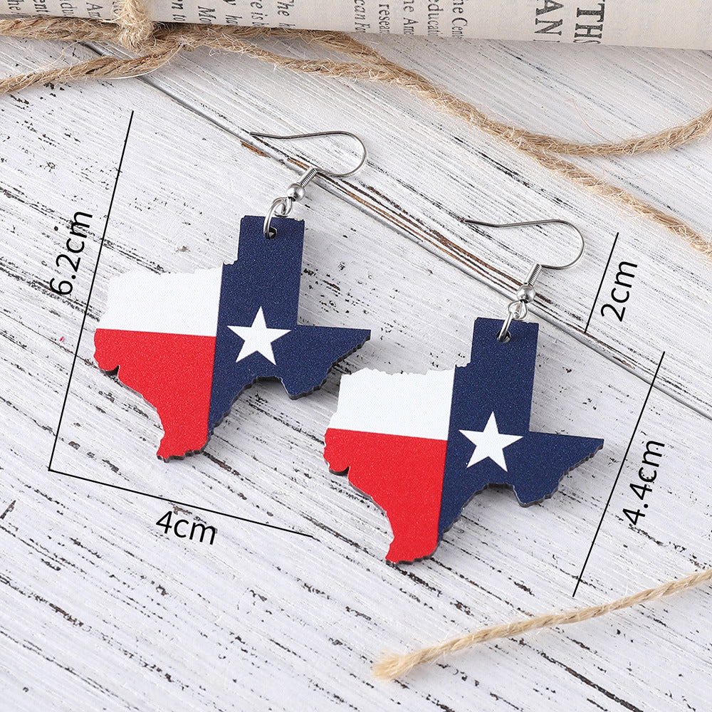 Wholesale  US Independence Day Red White Blue Stars Texas Map State Flag  Wooden Double Sided Earrings
