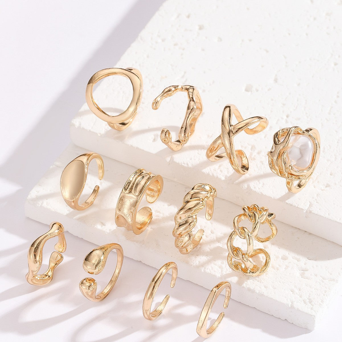 Wholesale 12 Piece Women S Geometric Pearl Accent Open Ring Set Zinc Alloy Gold Tone Stackable Jewelry Gift