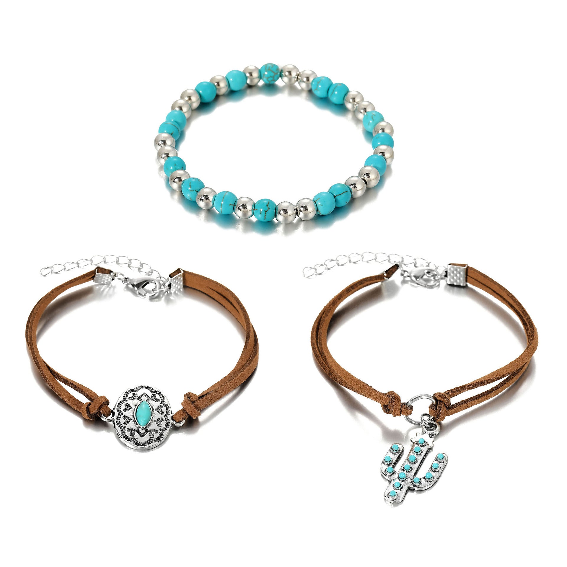 Wholesale Retro Ethnic Style Imitation Turquoise Cactus Tag Bracelet Set - Chic Fashion Accessory Gift