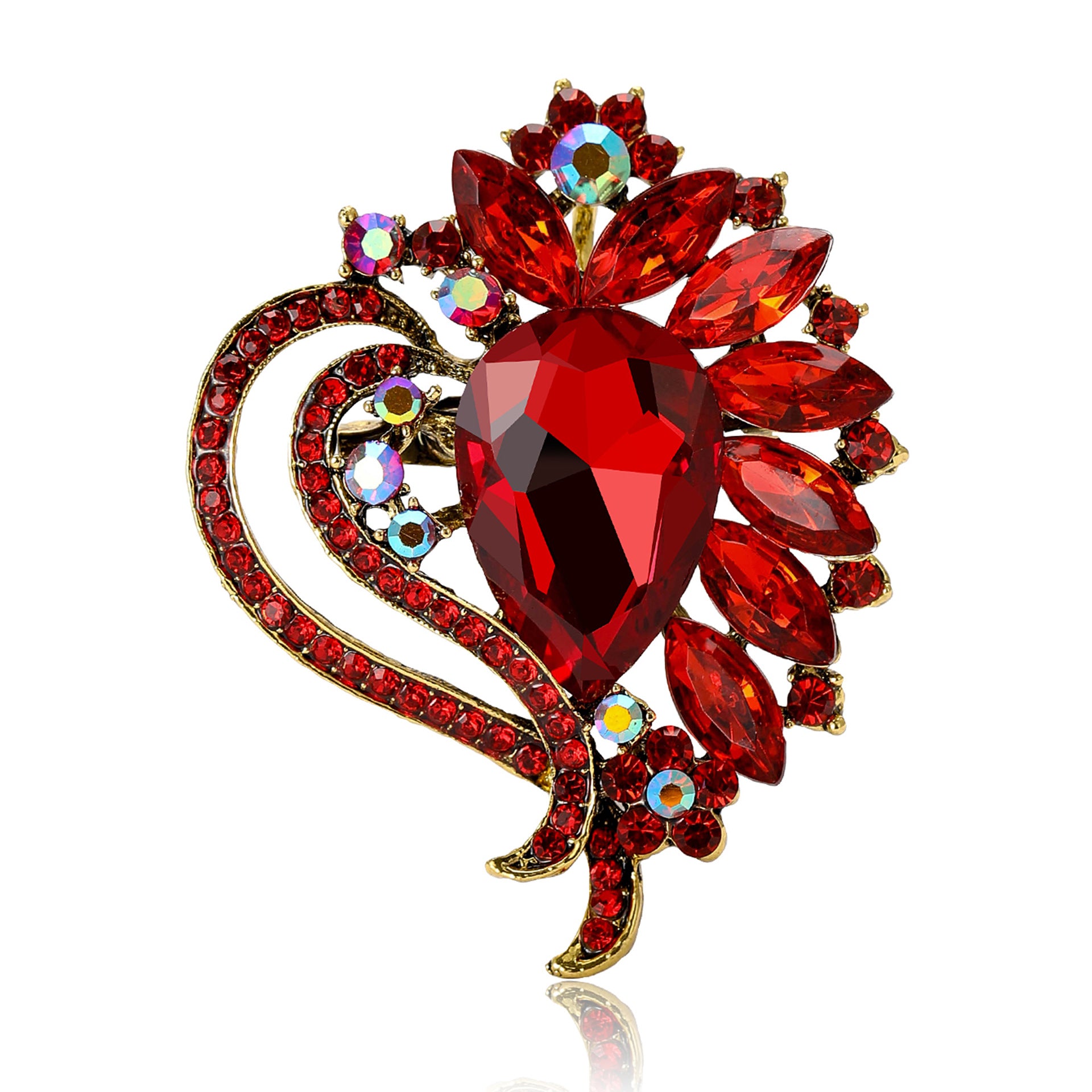 Wholesale Flower Brooch Pin Alloy Red Crystal Glass Style Women S Party Fashion Accessory