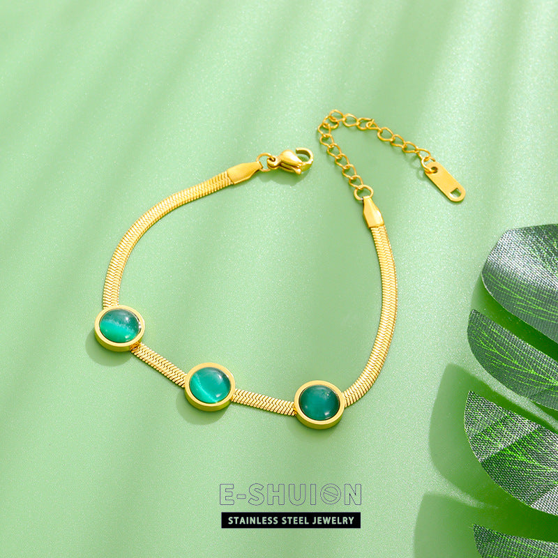 Wholesale Vintage Emerald Necklace Cat's Eye Jewelry Set Titanium Steel Necklace 18k Gold Bracelet Earrings ACC-NE-YiSheng006