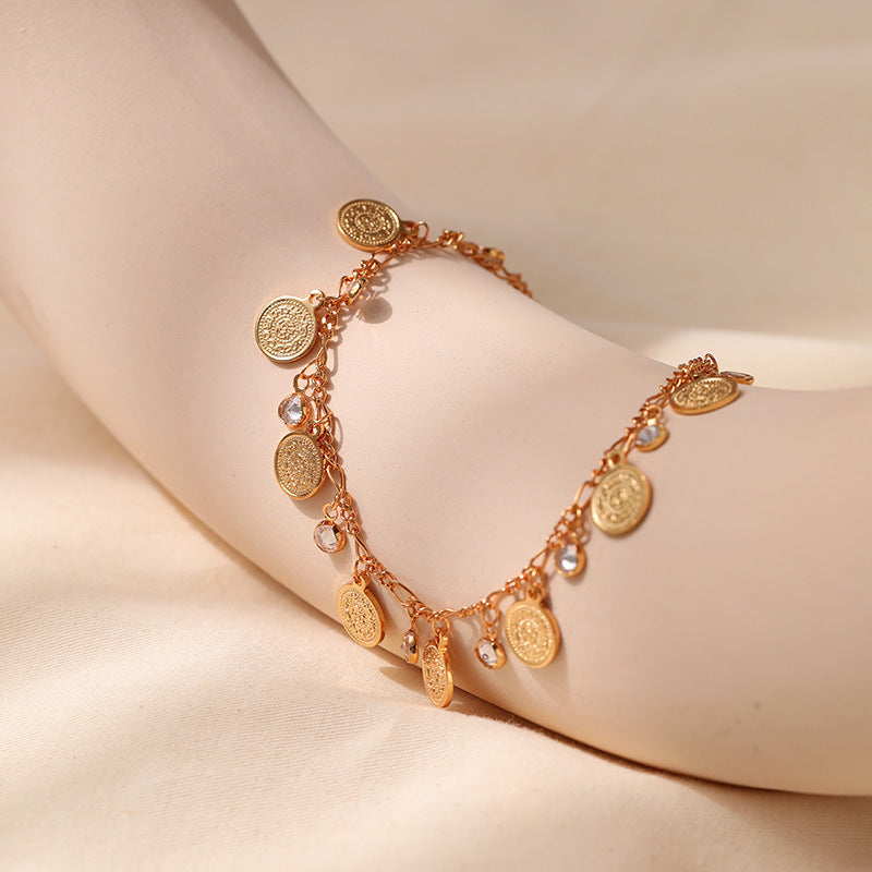 Wholesale small disc brass plated 18K real gold chain anklet