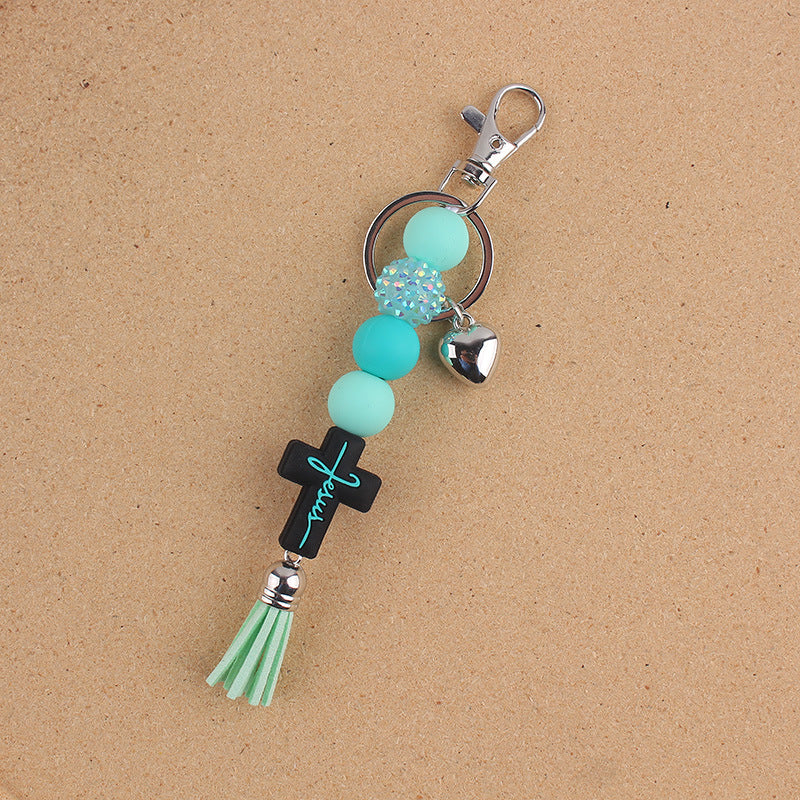 Wholesale Creative Cross Tassel Keychain Charm Silicone Beaded Bag Accessory