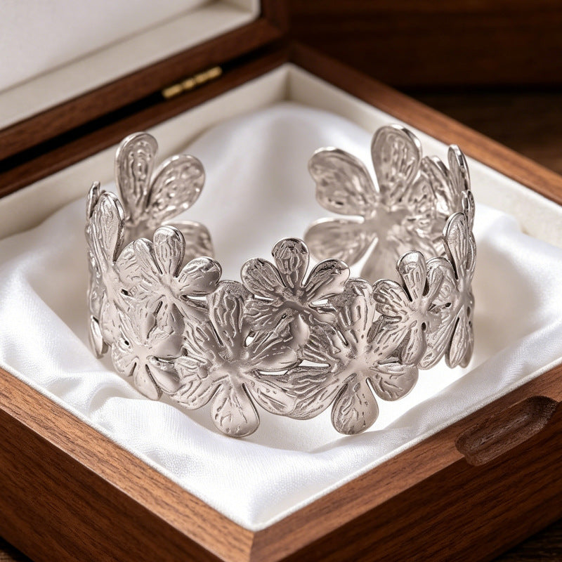 Wholesale Stainless Steel Electroplated Flower Open Cuff Bracelet - Trendy Boutique Resale Jewelry