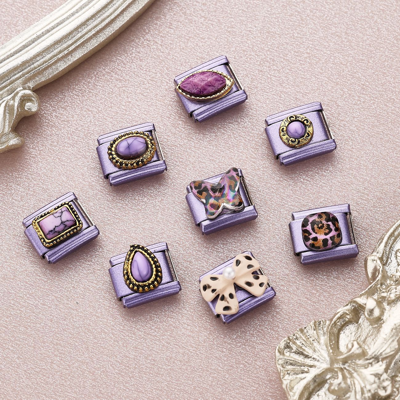 Wholesale 10pcsElegant Fashion Light Purple Italian Module Bow Flower Design DIY Stainless Steel Bracelet Accessories