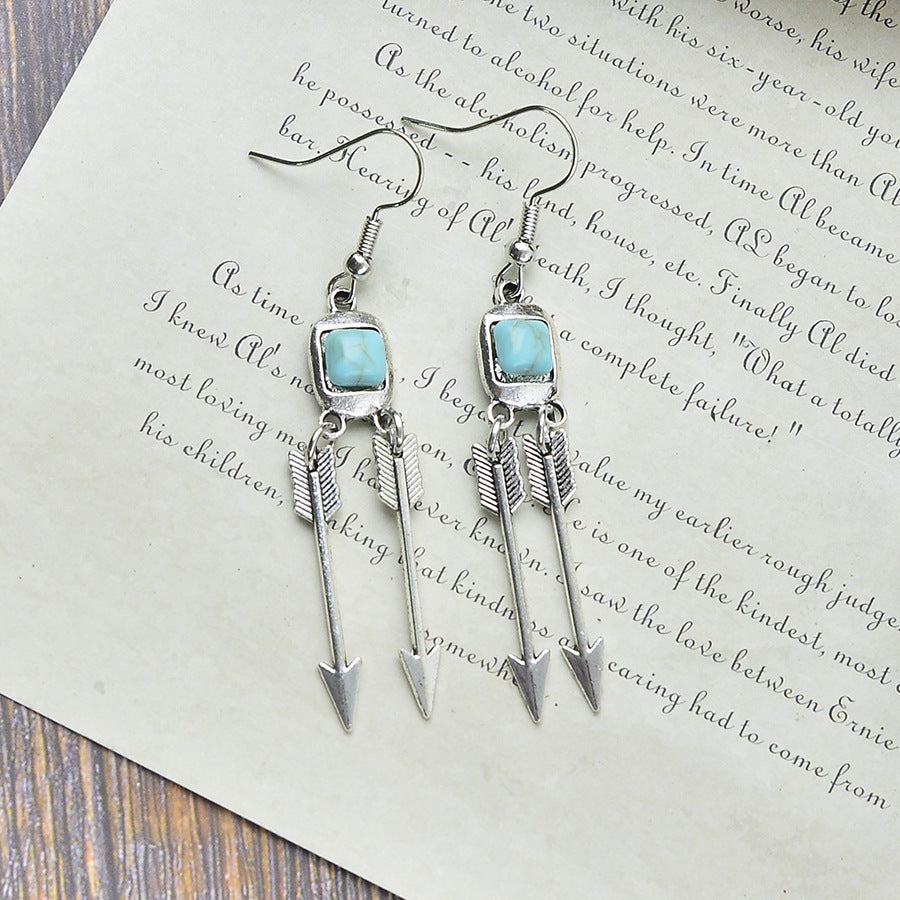 Wholesale Medieval Style Antique Silver Turquoise Feather Arrow Earrings Zinc Alloy Electroplated Jewelry Accessory