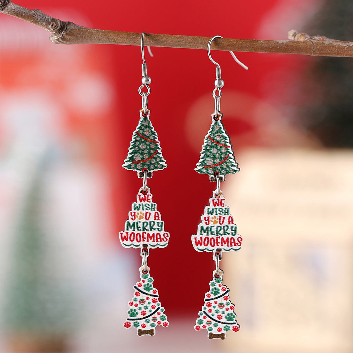 Wholesale Christmas Colorful Dog Paw Christmas Tree Plaid Snowflake Triple Wood Earrings ACC-ES-ChuLian062
