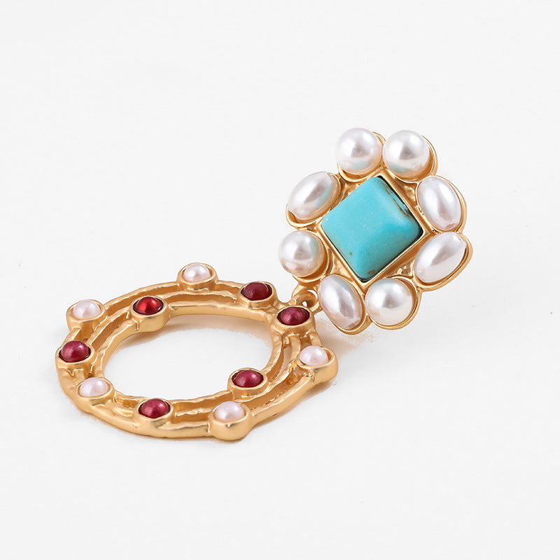 Wholesale Turquoise Matte Gold Love Heart Color Shell Zinc Alloy Earrings ACC-ES-KJ006