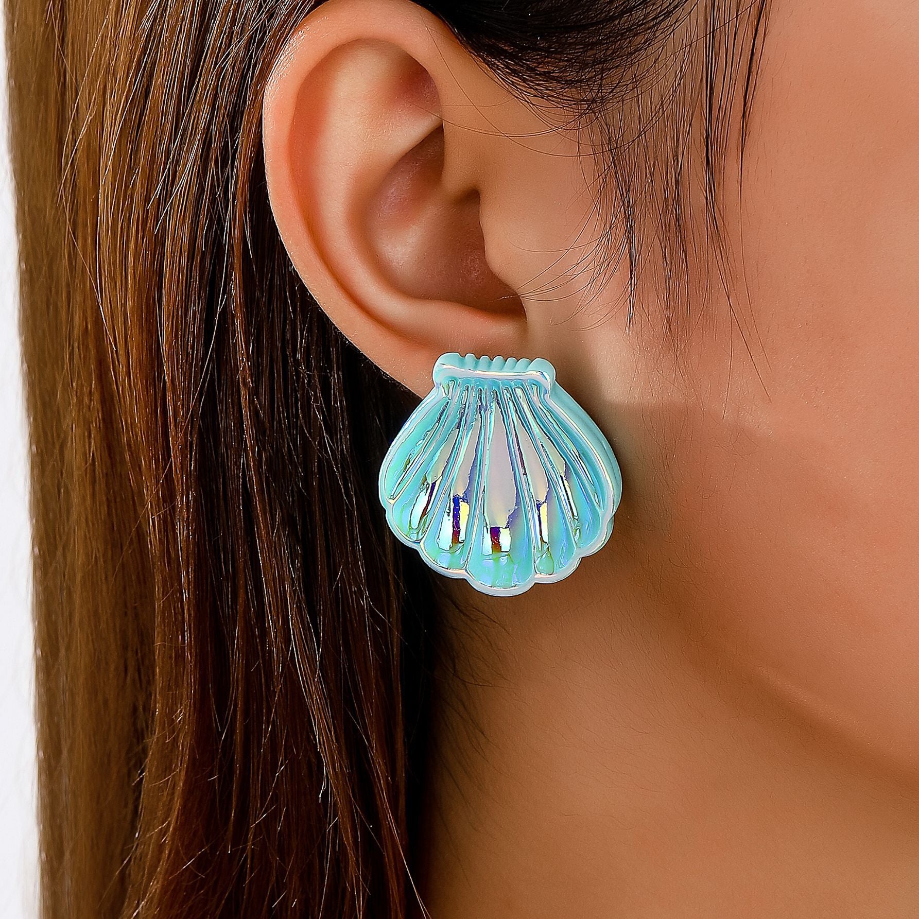 Wholesale Acrylic Electroplated Shell Flower Earrings For Women Blue Stylish Beach Vacation Jewelry
