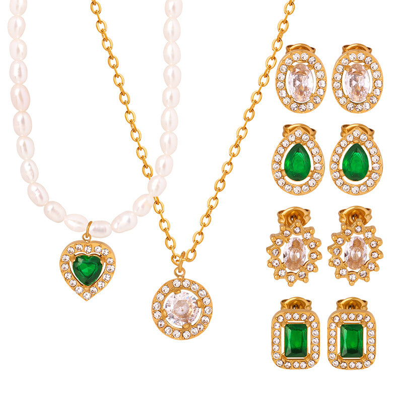 Wholesale Freshwater Pearl Necklace Love Heart Pendant Jewelry Titanium Steel Necklace Set ACC-NE-OMK002