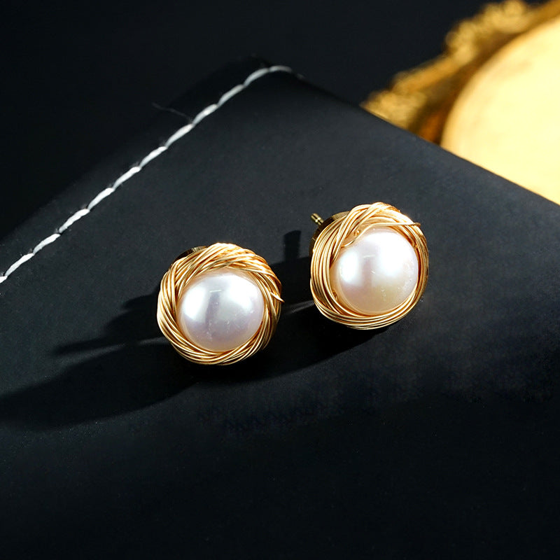 Wholesale 18K Handmade Wound Natural Freshwater Pearl Earrings
