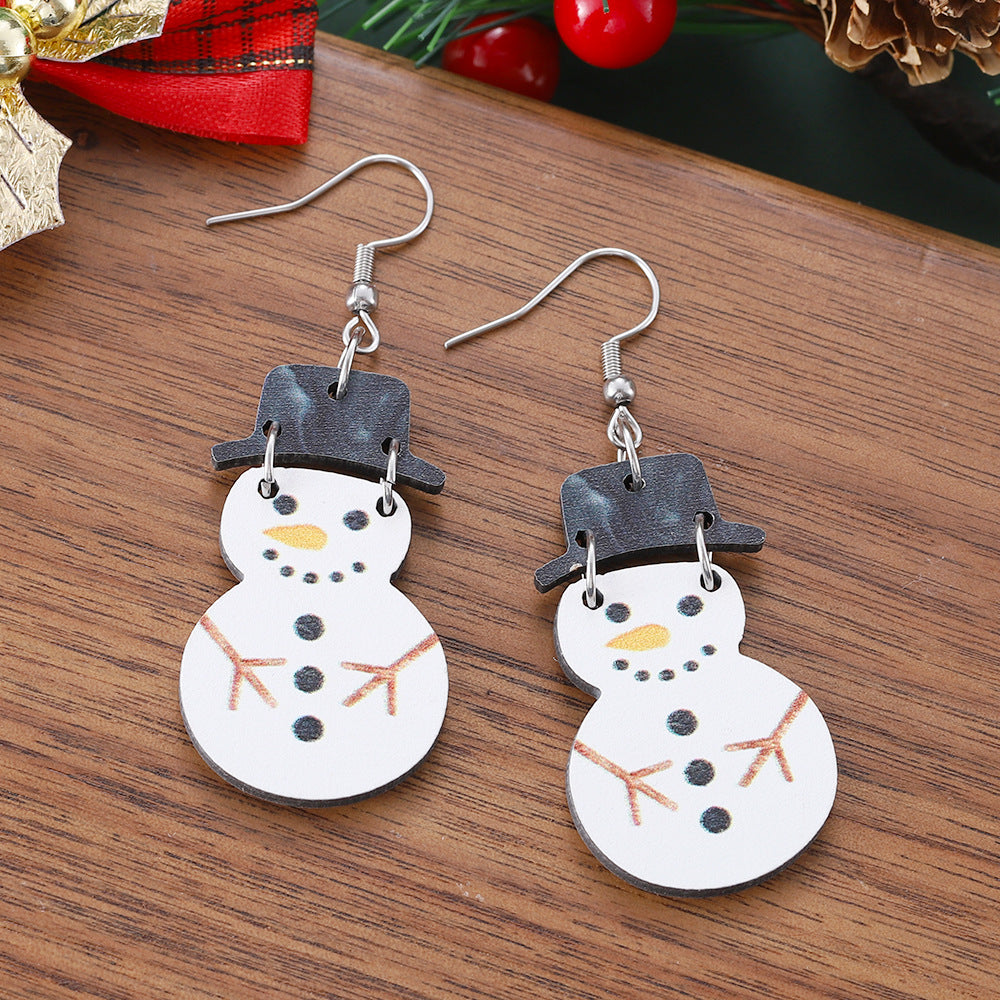 Wholesale Christmas winter snowman hat splicing pendant earrings wooden double-sided cute earrings
