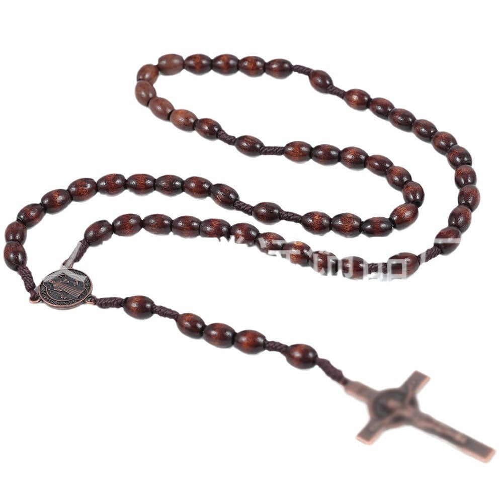 Wholesale 8*10mm wooden beads  cross alloy tag necklace