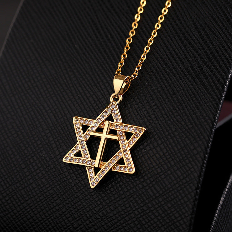 Wholesale Chic Star Cross Pendant Necklace 14K Gold Plated Micro Set Zircon Copper Jewelry Gift