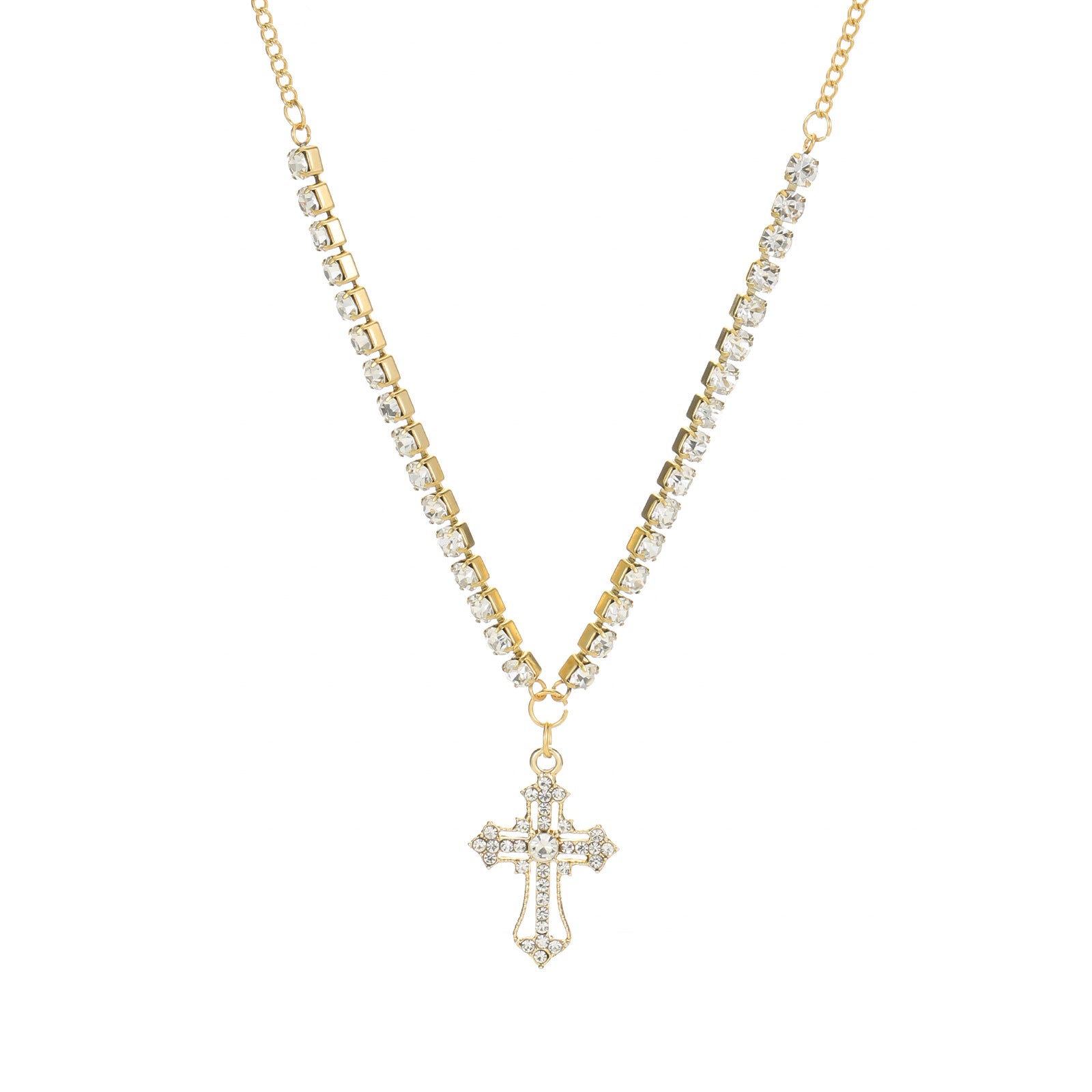 Wholesale  stainless steel diamond cross rhinestone gold necklace
