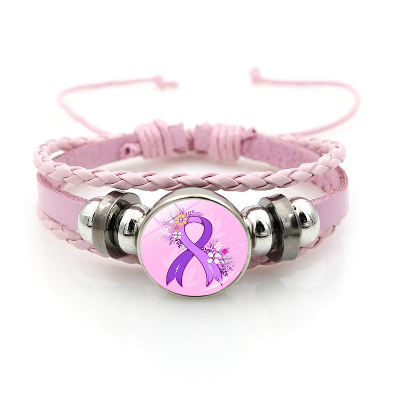 Wholesale Pink Ribbon Breast Consciousness Pink Leather Bracelet