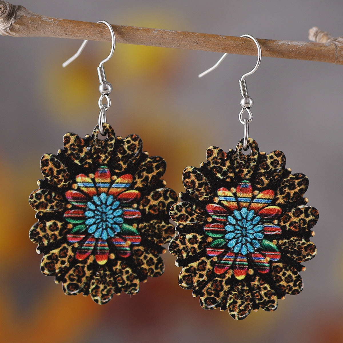 Wholesale Western Style Leopard Print Sunflower Cactus Wood Earrings ACC-ES-ChuLian087
