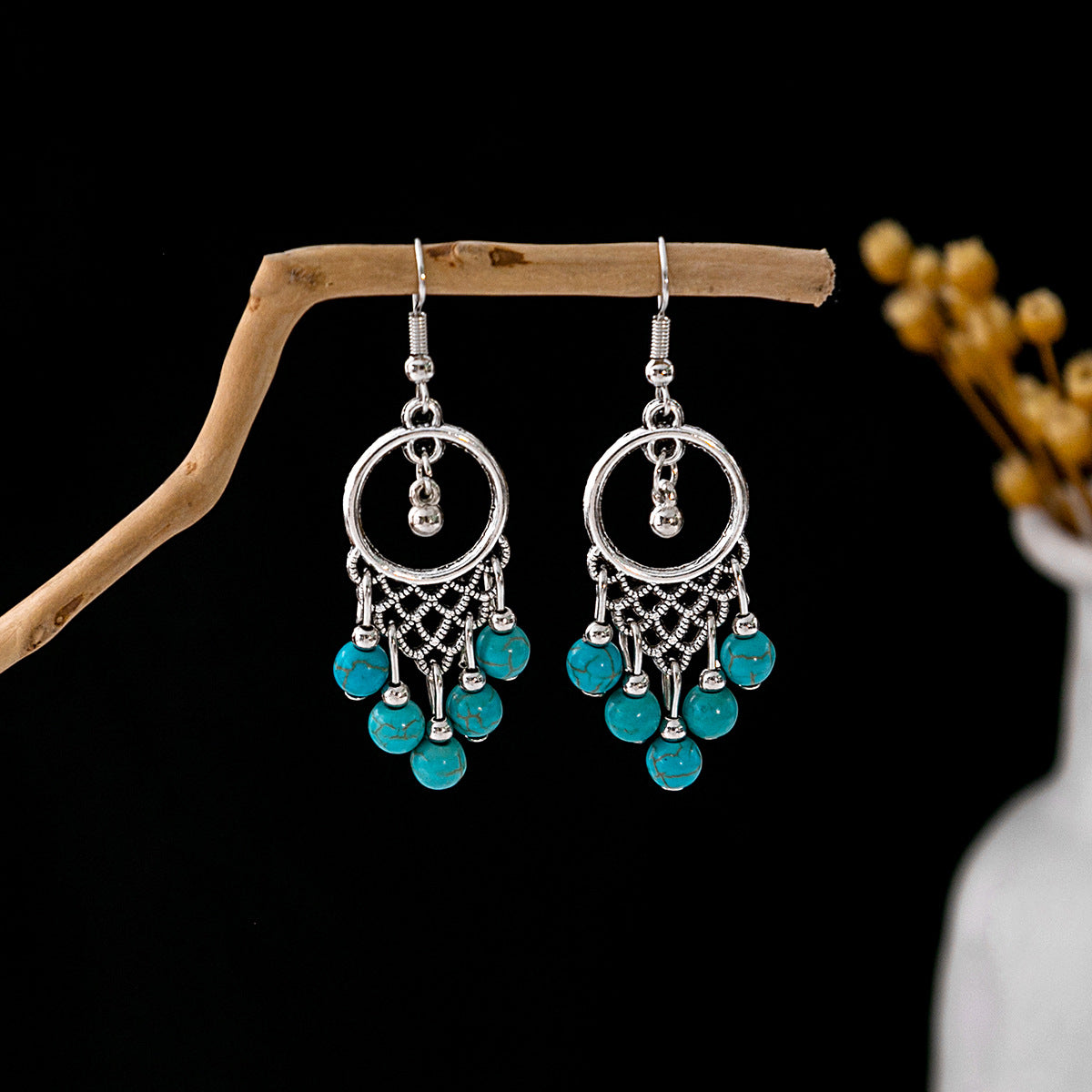 Wholesale retro ethnic style hollow flower tassel turquoise owl alloy earrings ACC-ES-MDD009
